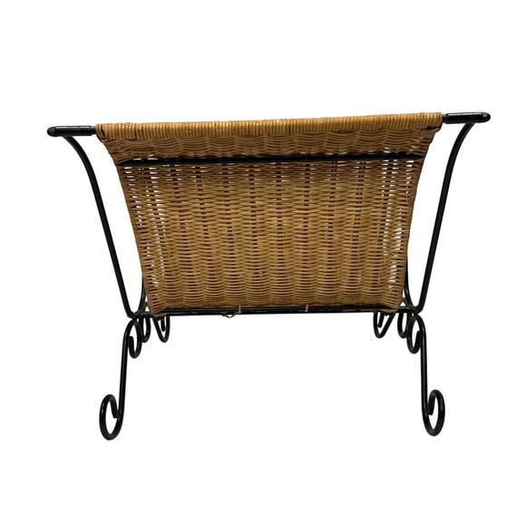 Retro Wicker & Metal Magazine Basket Holder Stand Mid Century Style - Picture 5 of 7
